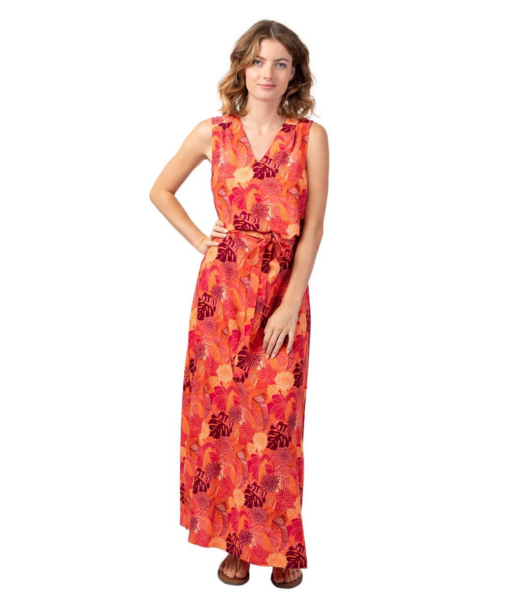 Robe longue femme d'été lumineuse CAROLA sans manches fleurie Coton Du Monde