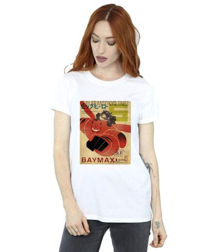 Disney Femme/Ladies Big Hero 6 Baymax Flying Baymax Newspaper Cotton Boyfriend T-Shirt (Blanc) - UTBI15472