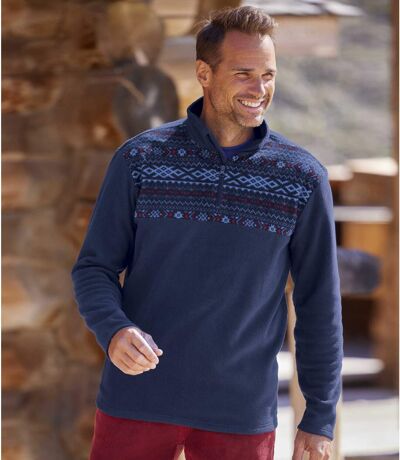 Men's Patterned Fleece Pullover - Quarter-Zip - Navy