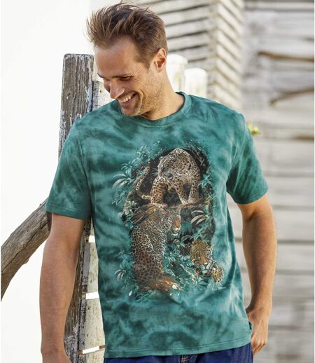 Men's Green Tie-Dye T-Shirt with Panther Print