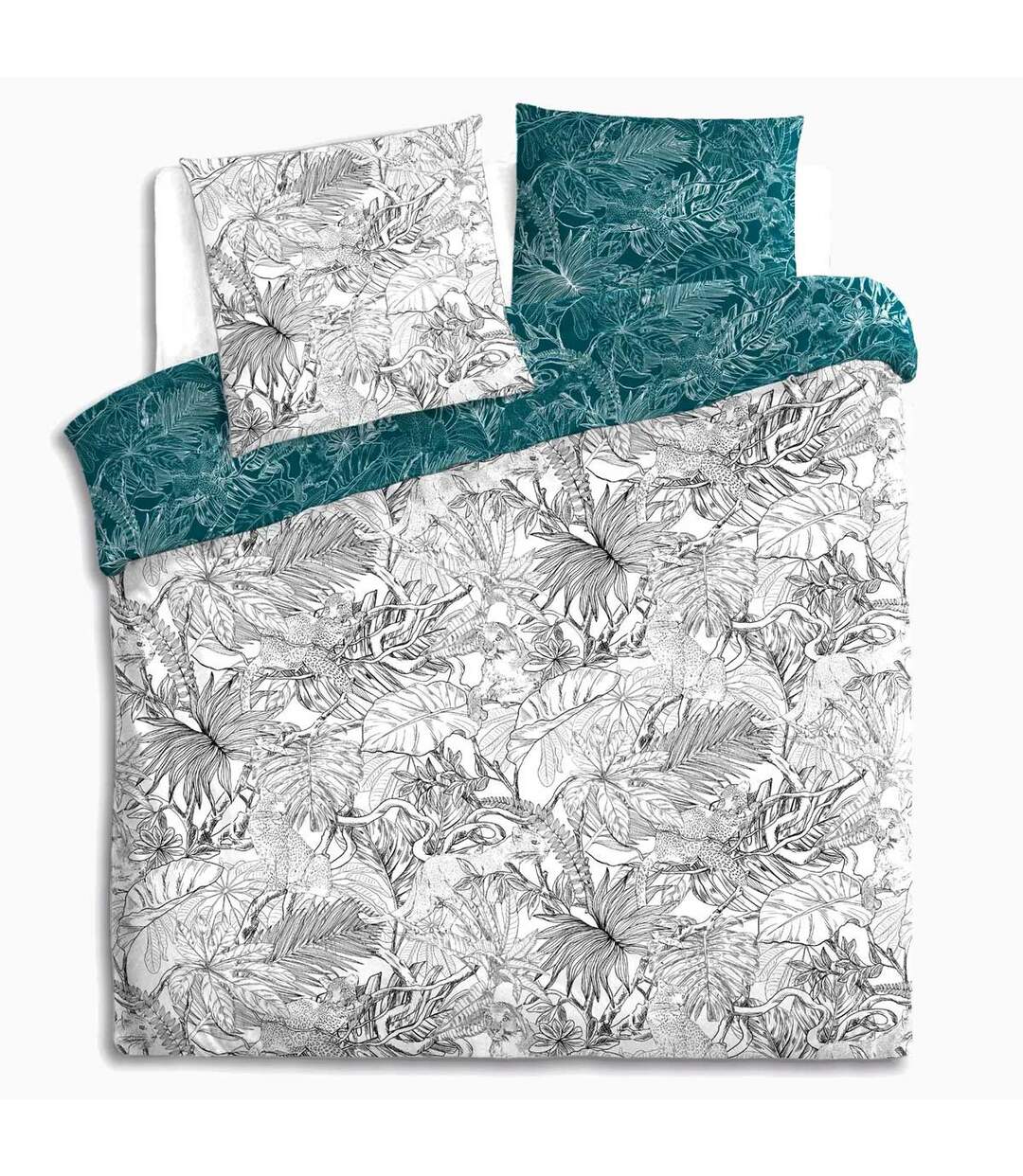 Parure de Lit 3 Pièces Jungle 260x240cm Blanc & Bleu-2
