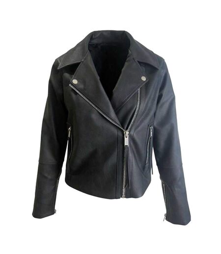 Womens/ladies Asymmetric Regular Biker Jacket Black Kangol