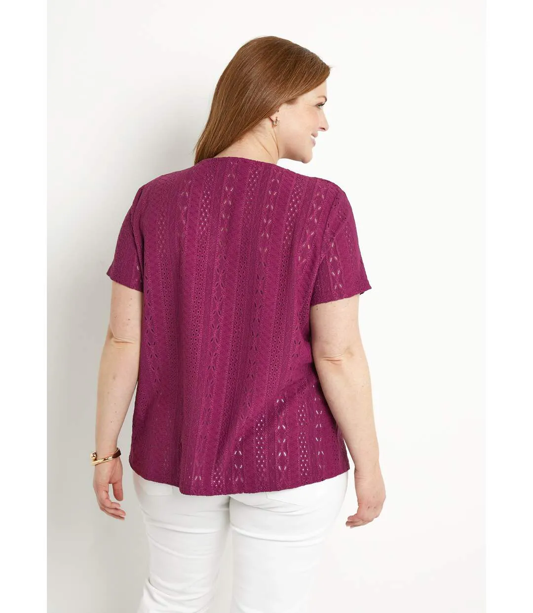 T-shirt ample col V uni effet broderie-2