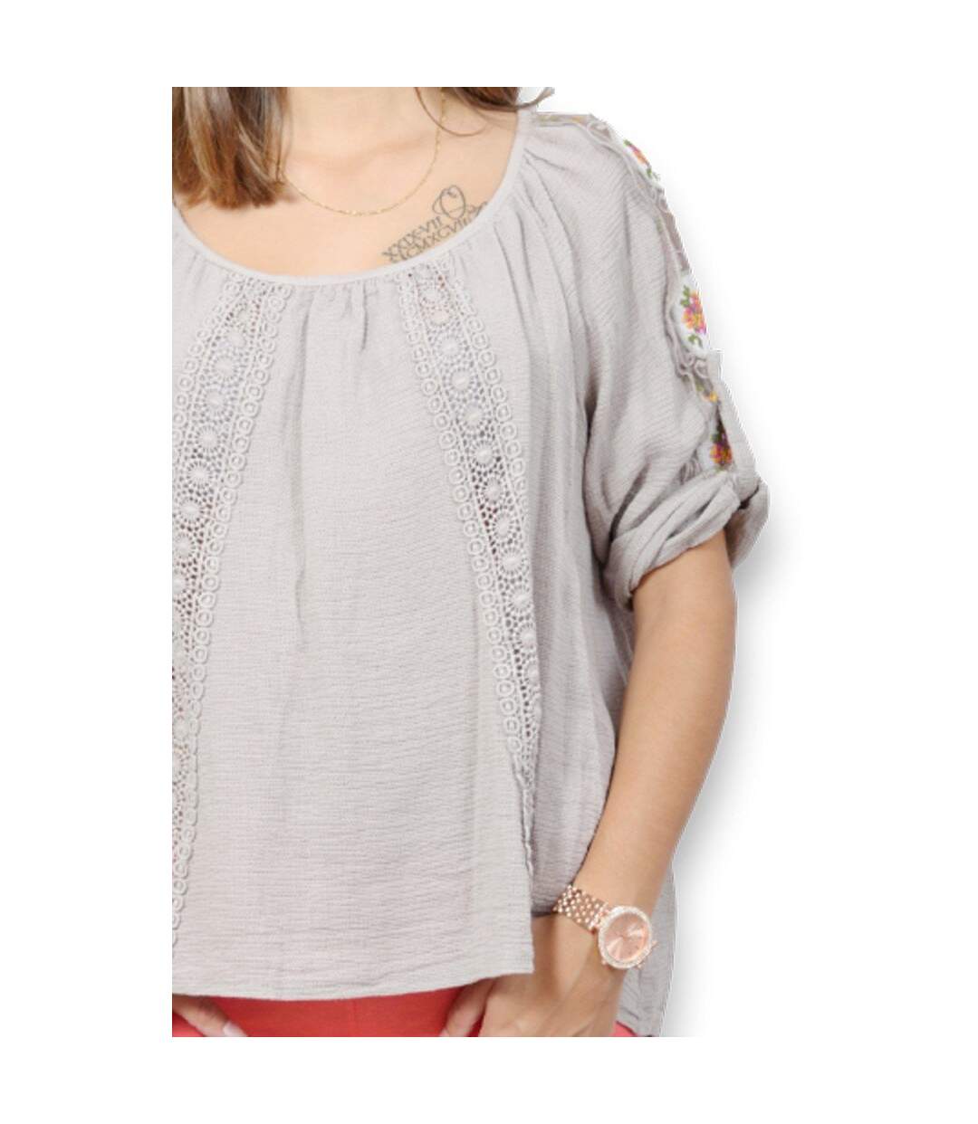 Blouse femme manche 3/4 de couleur beige col rond