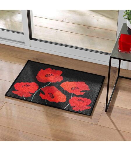 Tapis Déco Imprimé Coquelicots 40x60cm Noir & Rouge
