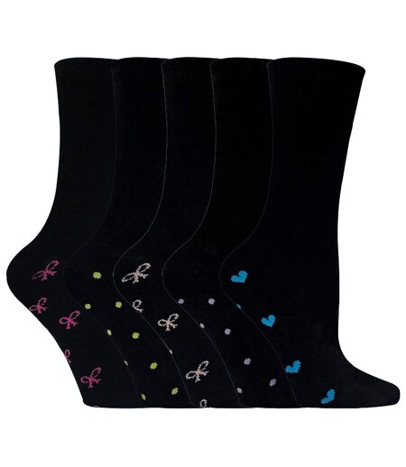 5 Pk Ladies Black Cotton Socks with Hearts & Bows