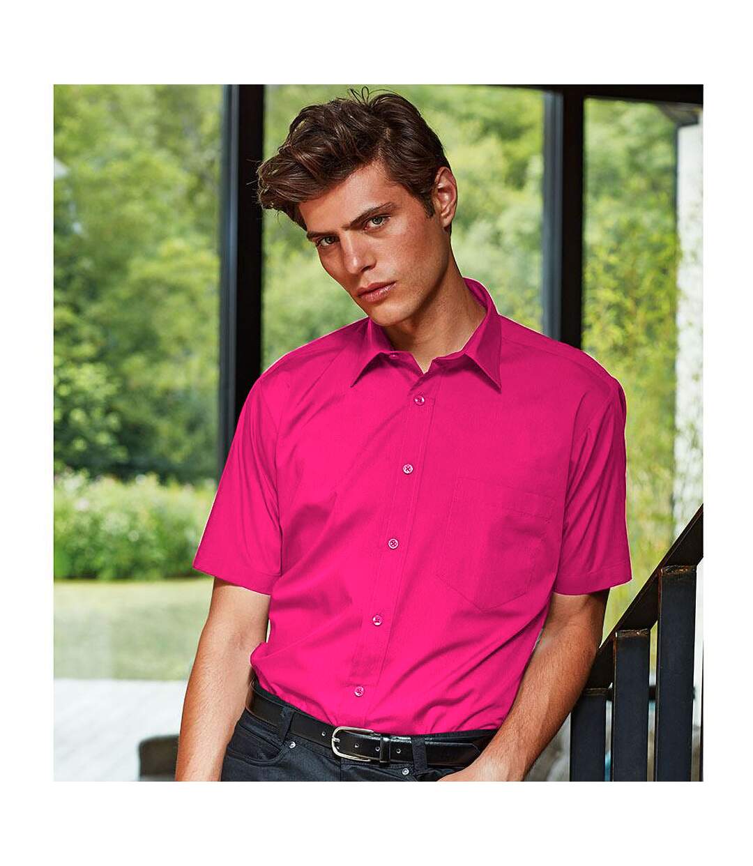 Mens short sleeve formal poplin plain work shirt hot pink Premier