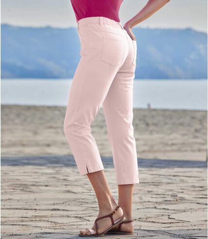 Women's Pink Stretchy Cropped Trousers - Elasticated Waist 