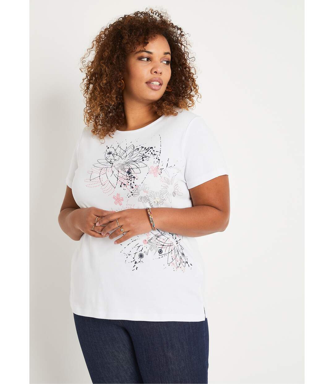 T-shirt long motif fleuri fentes côtés-1