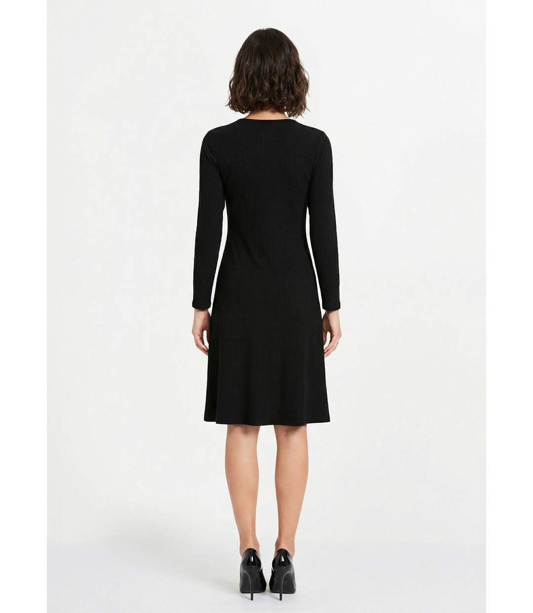 Robe unie courte col V en maille côtelée-2