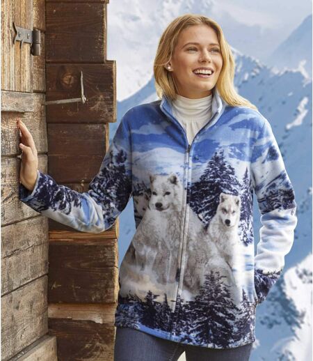 Women’s Wolf Print Full Zip Fleece Jacket