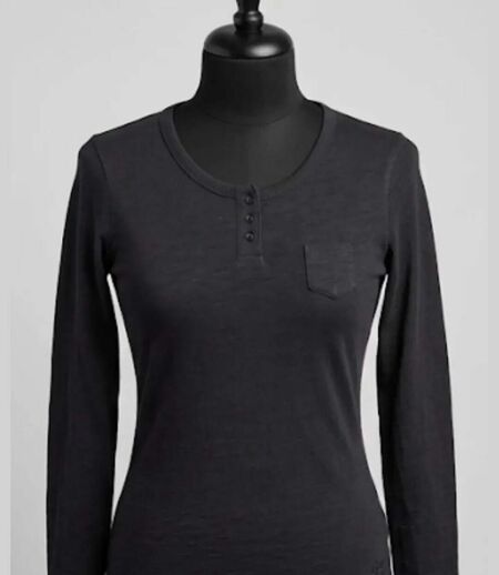AXONE CHINA1N - Tee-shirt noir manches longues en coton flammé avec col 3 boutons et poche poitrine