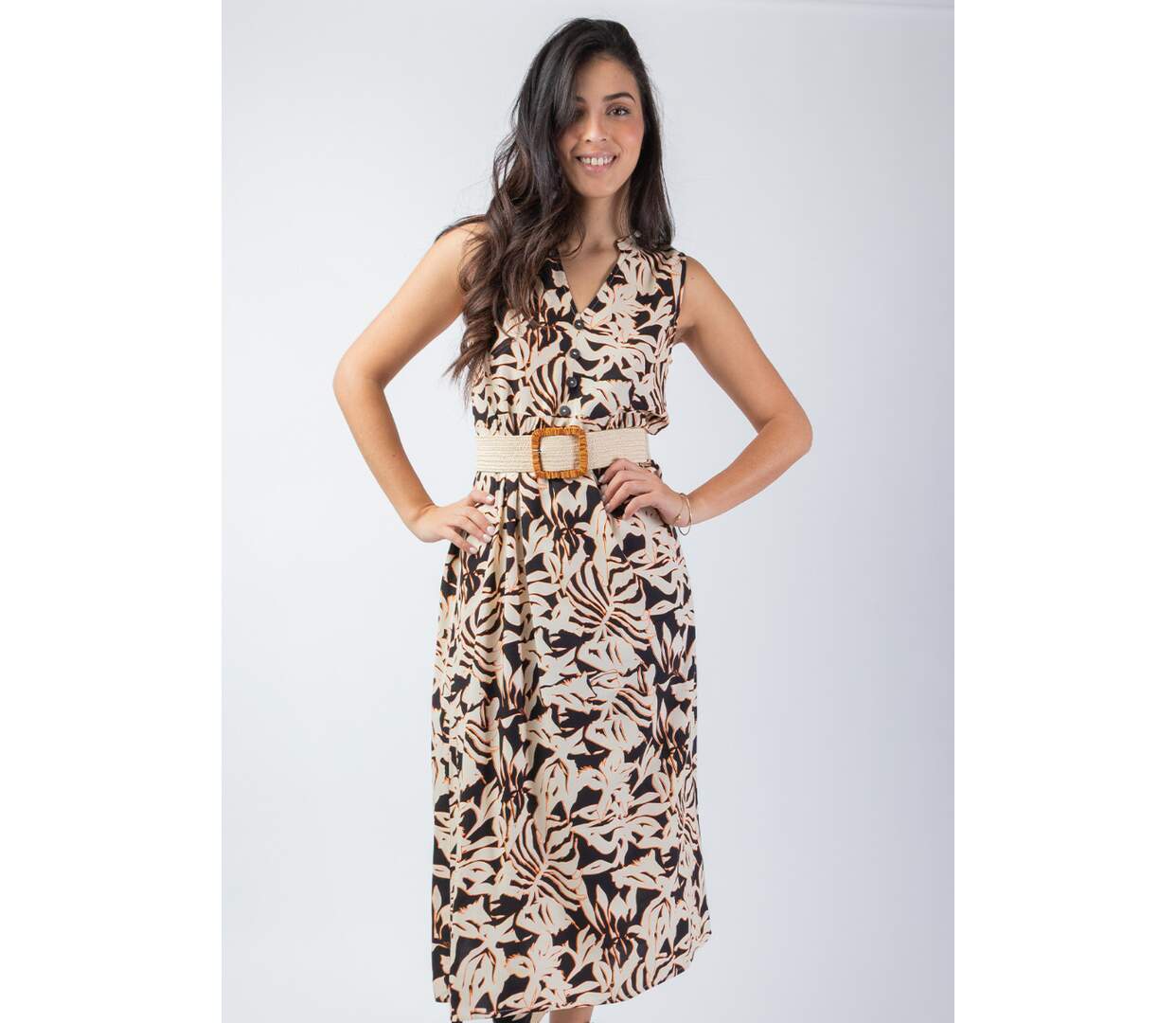 Robe longue viscose coupe ample MAITA imprimé ethnique noir et beige Coton Du Monde-3