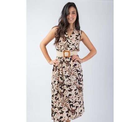 Robe longue viscose coupe ample MAITA imprimé ethnique noir et beige Coton Du Monde