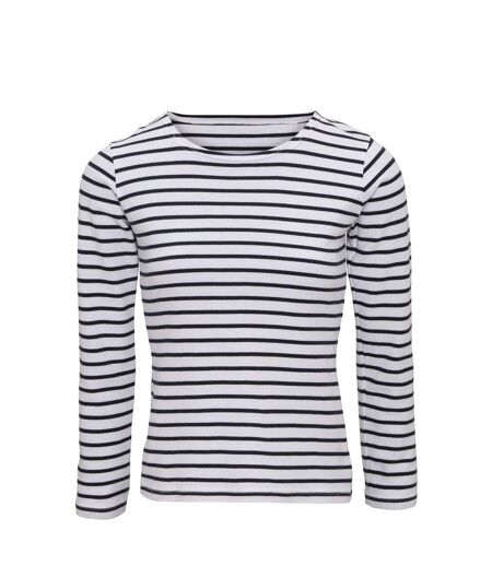 T-shirt rayé marinière femme - manches longues - AQ071 - blanc et bleu marine