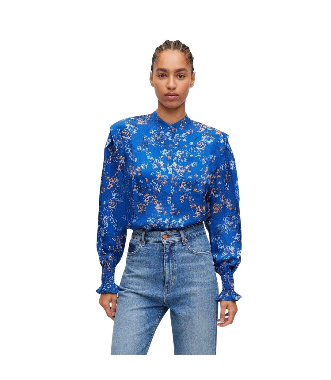 Womens/ladies Floral Pattern Banded Collar Long-sleeved Blouse Multicoloured Boss-4
