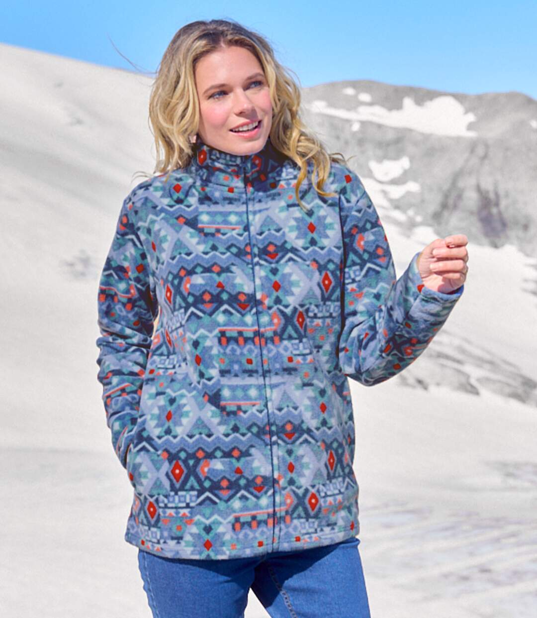 Women's Blue & Coral Geometric Print Fleece Jacket-2