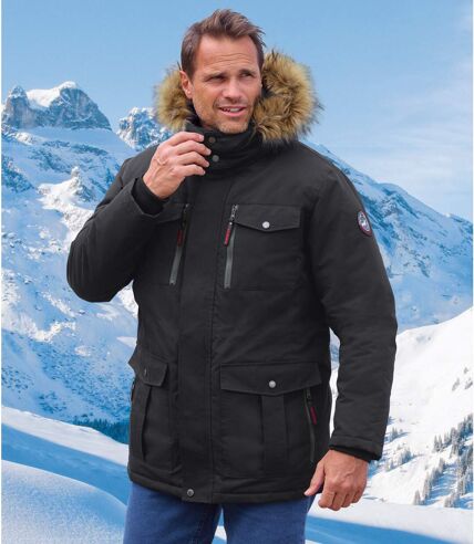 Men's Black Parka with Faux-Fur Hood