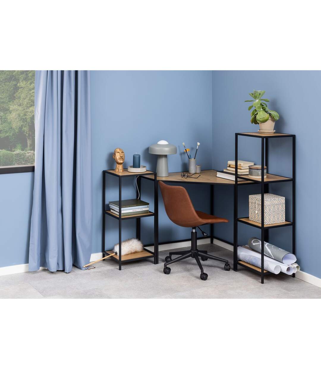 Bibliothèque droite petit modèle 2 niveaux en MDF et Métal - Beige et Noir-5