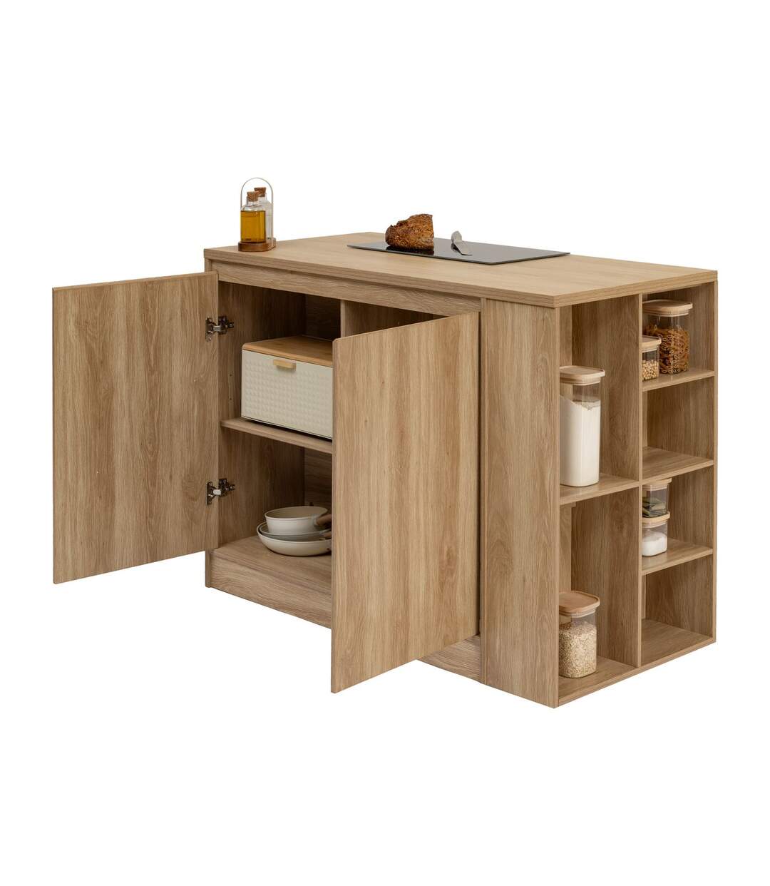 Ilot central 2 portes et 6 niches effet bois naturel ABANA - Beige-5