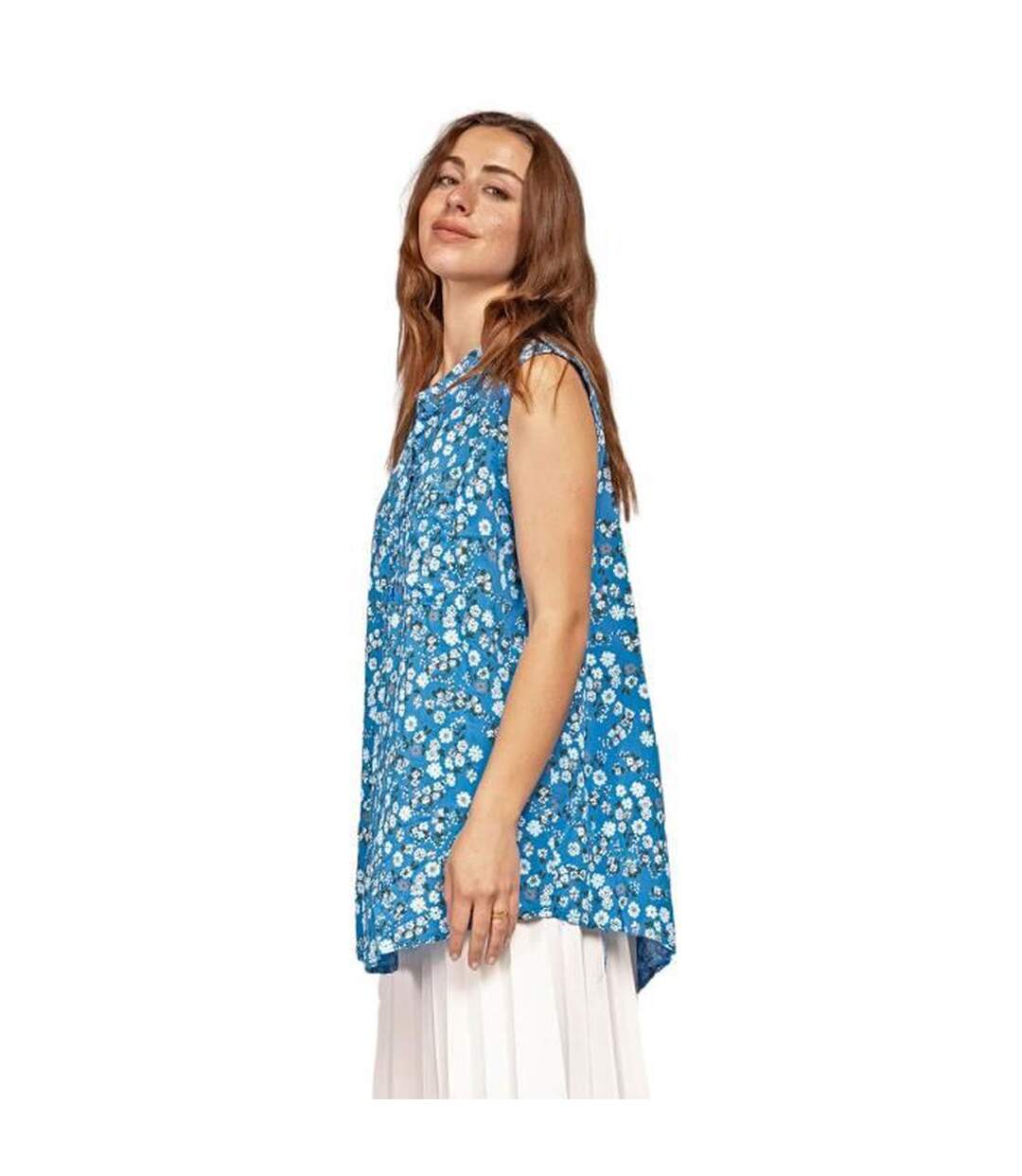 Tunique femme sans manche - Blouse motifs fleurs - Couleur bleu jean