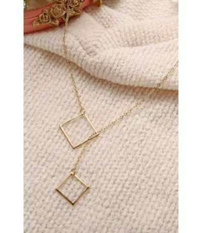 Two Square Drop Lariat Y Shape Interlock Rectangle Bar Lariat Drop Necklace