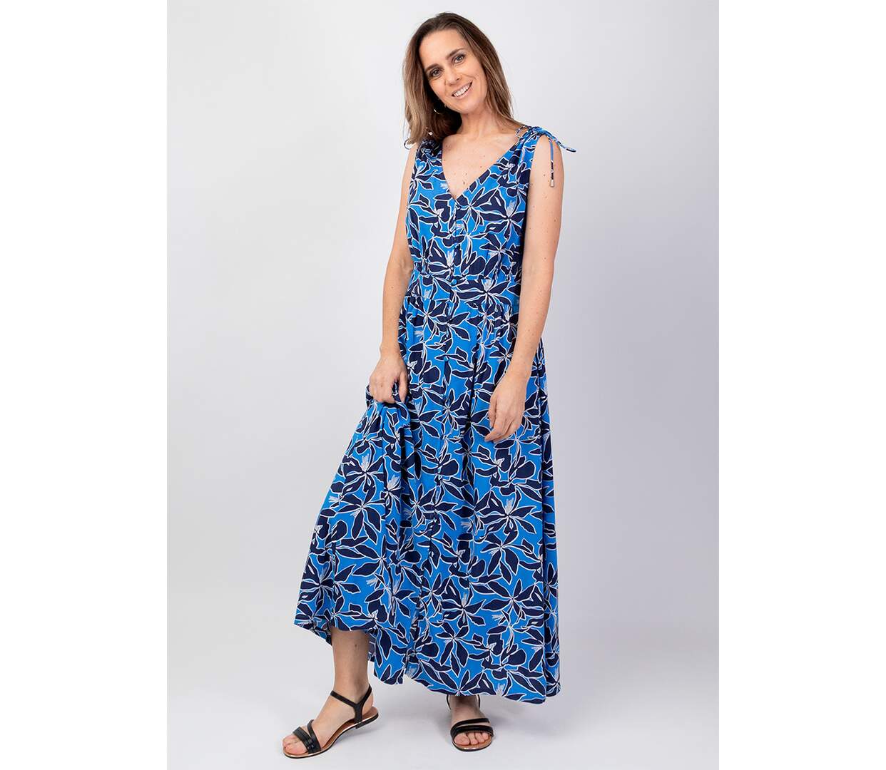 Robe longue larges bretelles froncées PALOMA imprimé bleu océan Coton Du Monde-2
