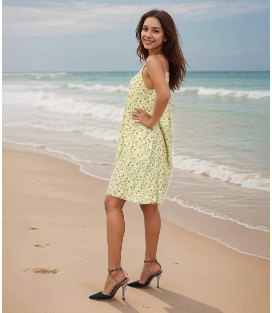 Robe d'été à  bretelles vert anis, longueur genoux et coupe ample, parfaite pour les journées ensoleillées-3