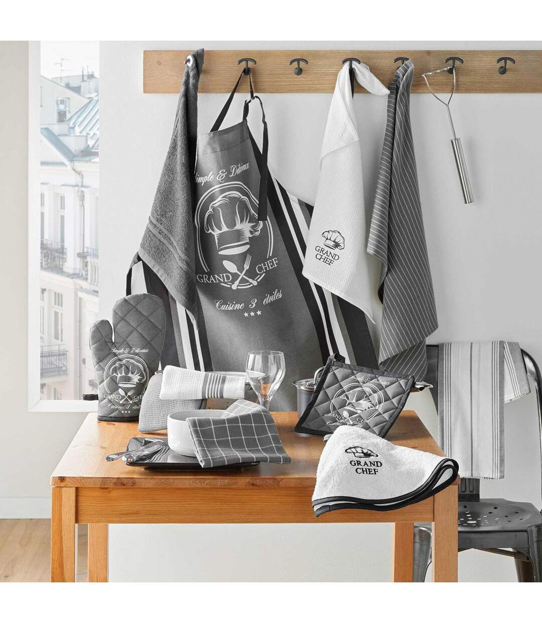 Lot de 2 Torchons de Cuisine Grand Chef 50x70cm Blanc & Gris-3