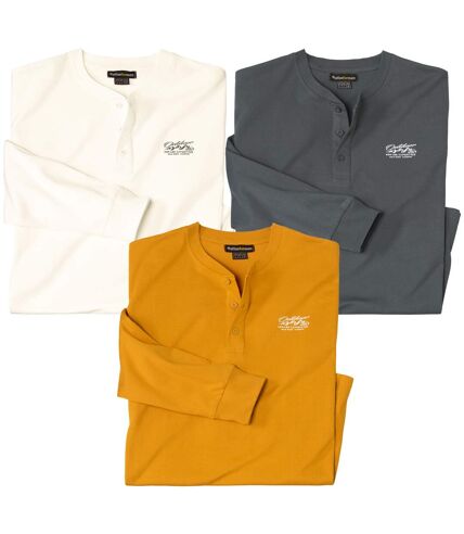 Pack of 3 Men's Henley-Neck Tops - White Ochre Grey