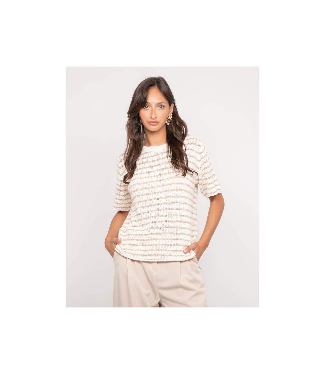 Pull manches courtes rayures lurex KIZAIA - Dona X Lisa-1