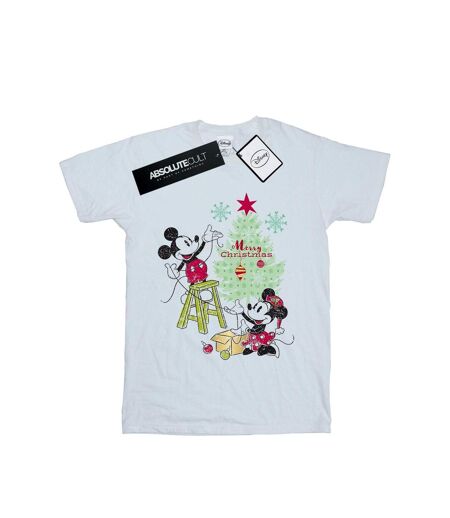 Disney Womens/Ladies Mickey And Minnie Christmas Tree Cotton Boyfriend T-Shirt (Blanc) - UTBI36349