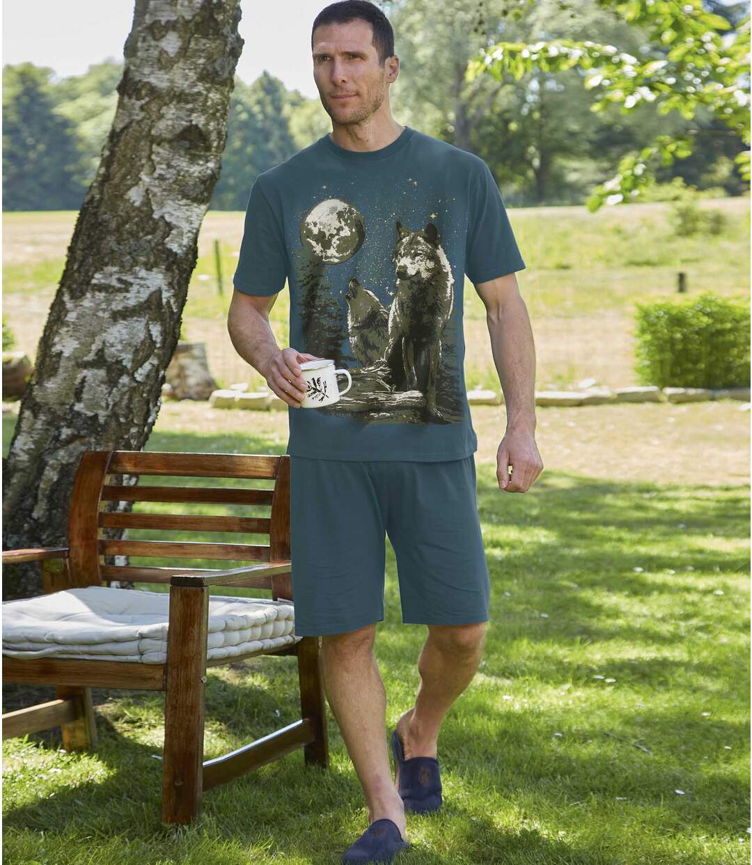 Pyjama court imprimé loup homme - vert-3