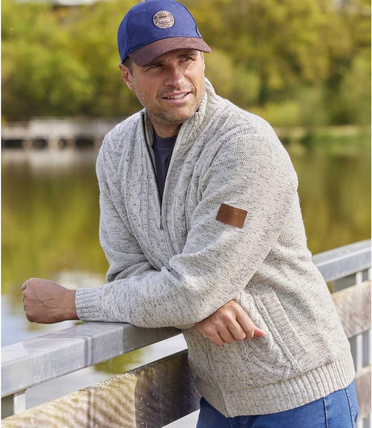 Men's Beige Full Zip Knitted Jacket - Fleece Lining Atlas For Men