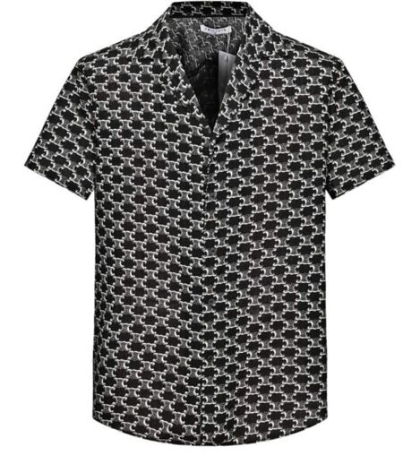 Chemise homme ajustée manches courtes imprimé abstrait noir à Col chemise
