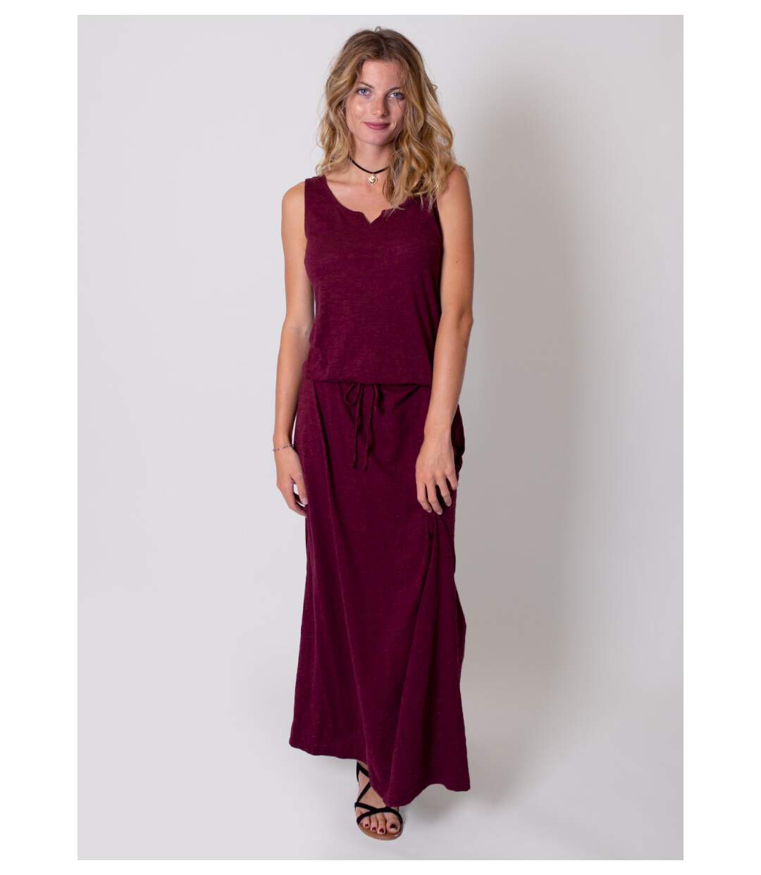 Robe longue en coton sans manches NADINE grenat Coton Du Monde-3