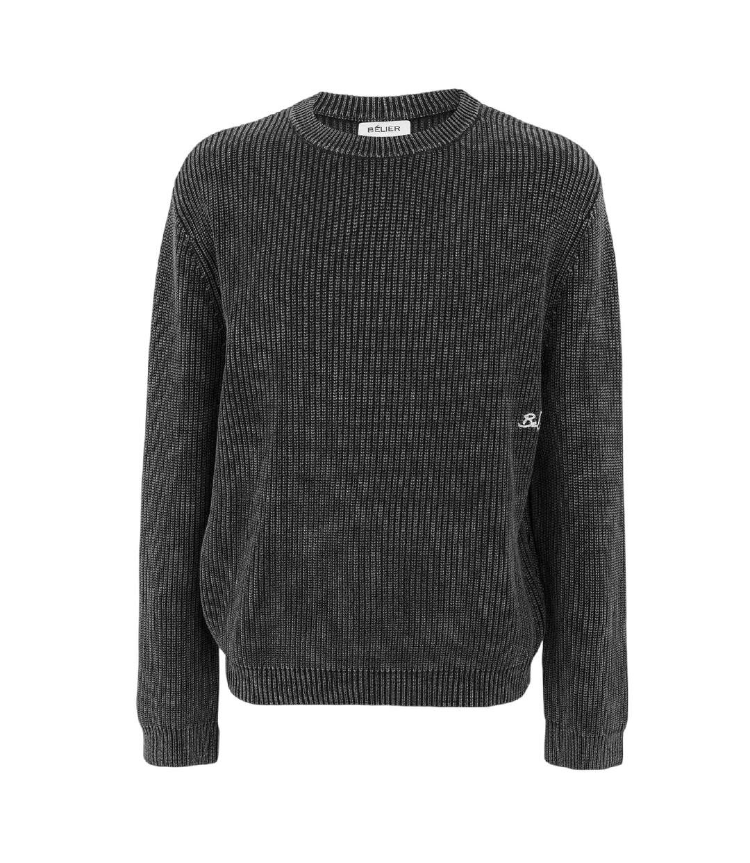 Mens Ribbed Crew Neck Jumper Washed Black Belier-1