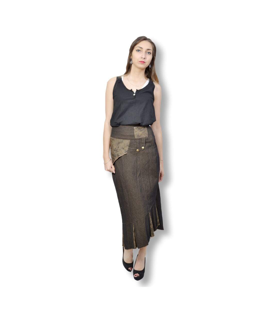 Jupe femme en jean longueur maxi - Marron-5