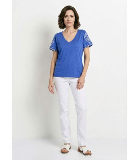 T-shirt brodé col V manches courtes