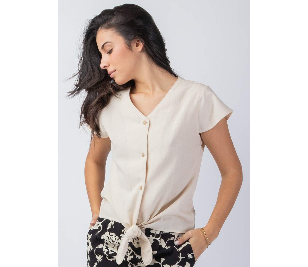 Top femme été manches courtes ERMINE uni beige Coton Du Monde-2