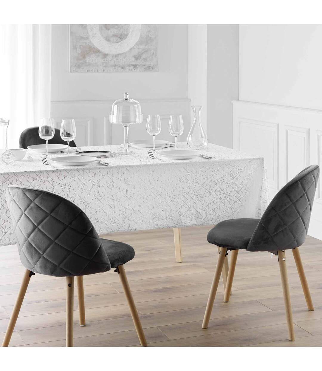 Nappe Antitache Imprimé Mikado 140x240cm Blanc & Argent-4