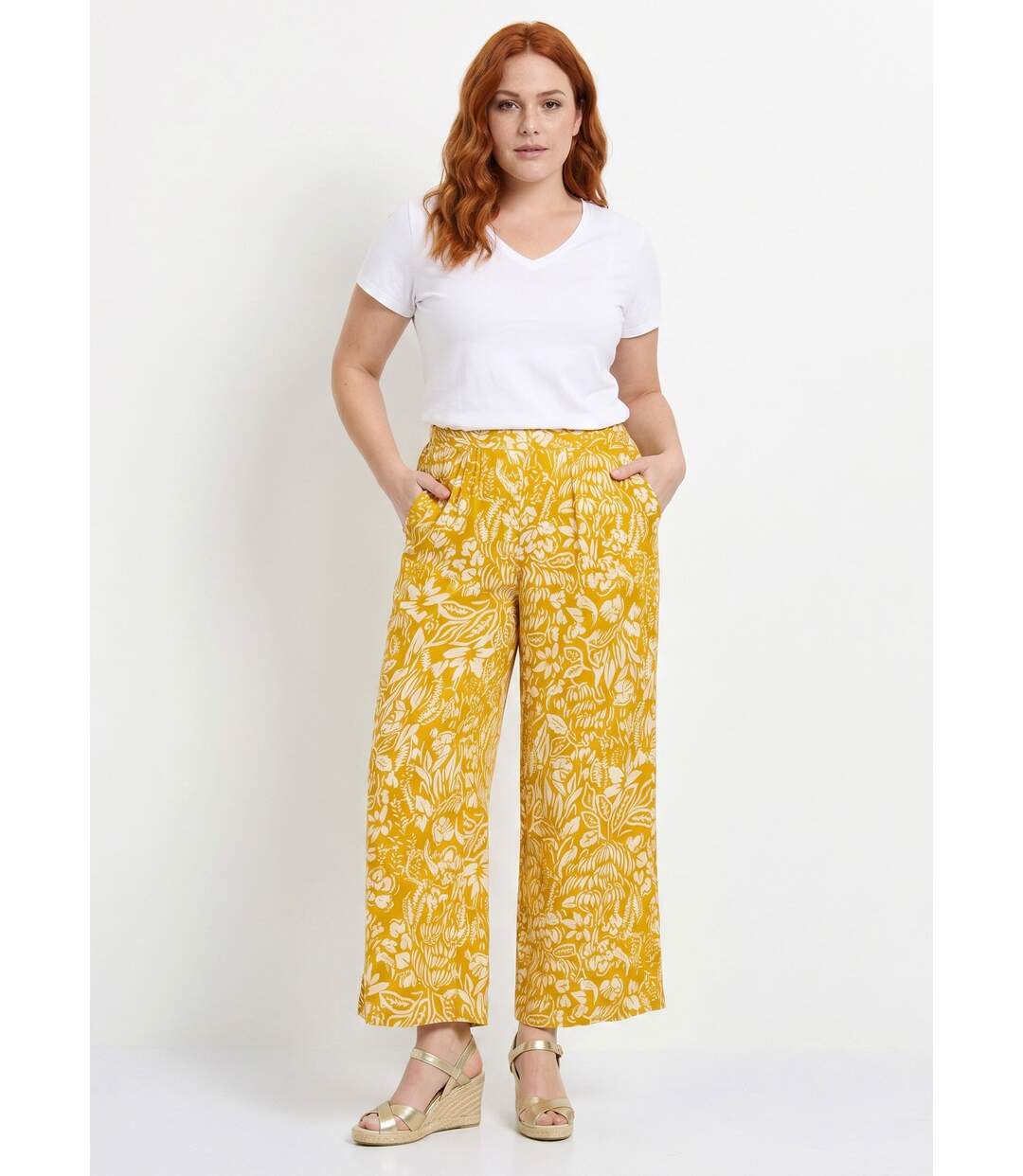 Pantalon large taille élastiquée fleuri ou uni-3