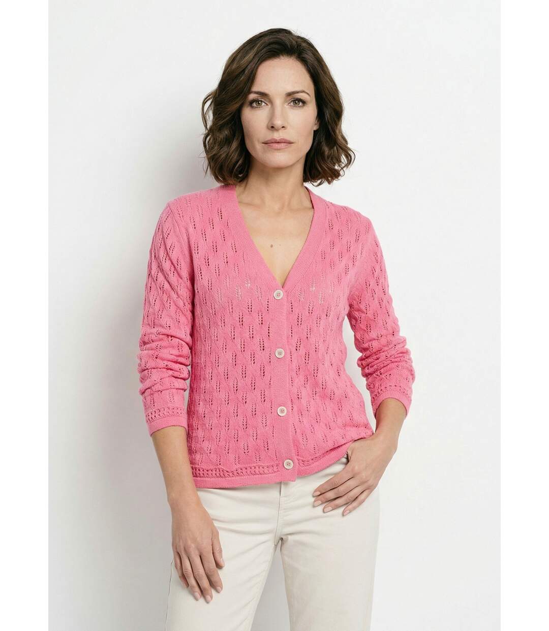 Cardigan col V boutonné ajouré uni coton-1