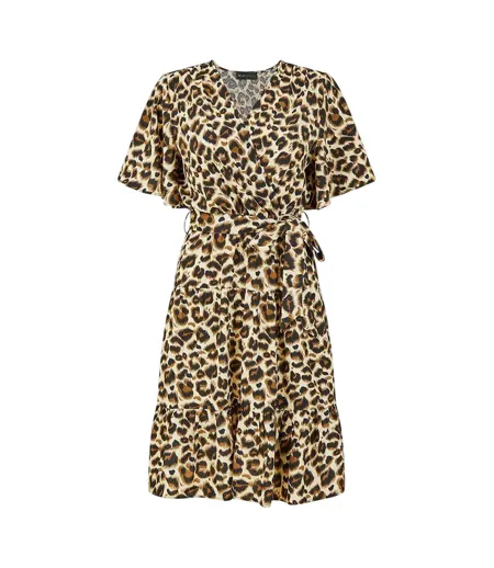 Womens/ladies Leopard Print V Neck Skater Dress Brown Mela London