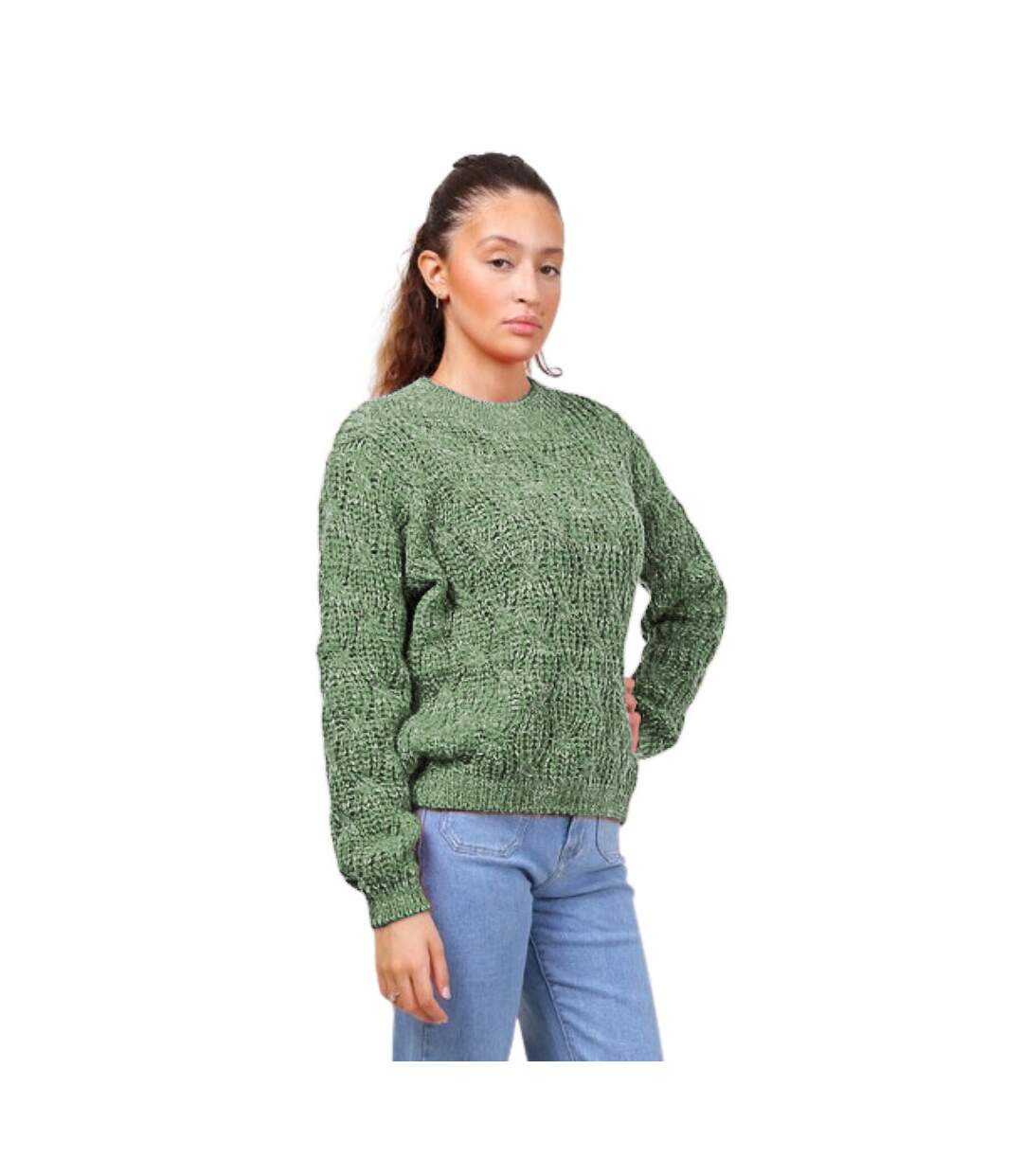 Pull femme col ras du cou manches longues - Couleur vert