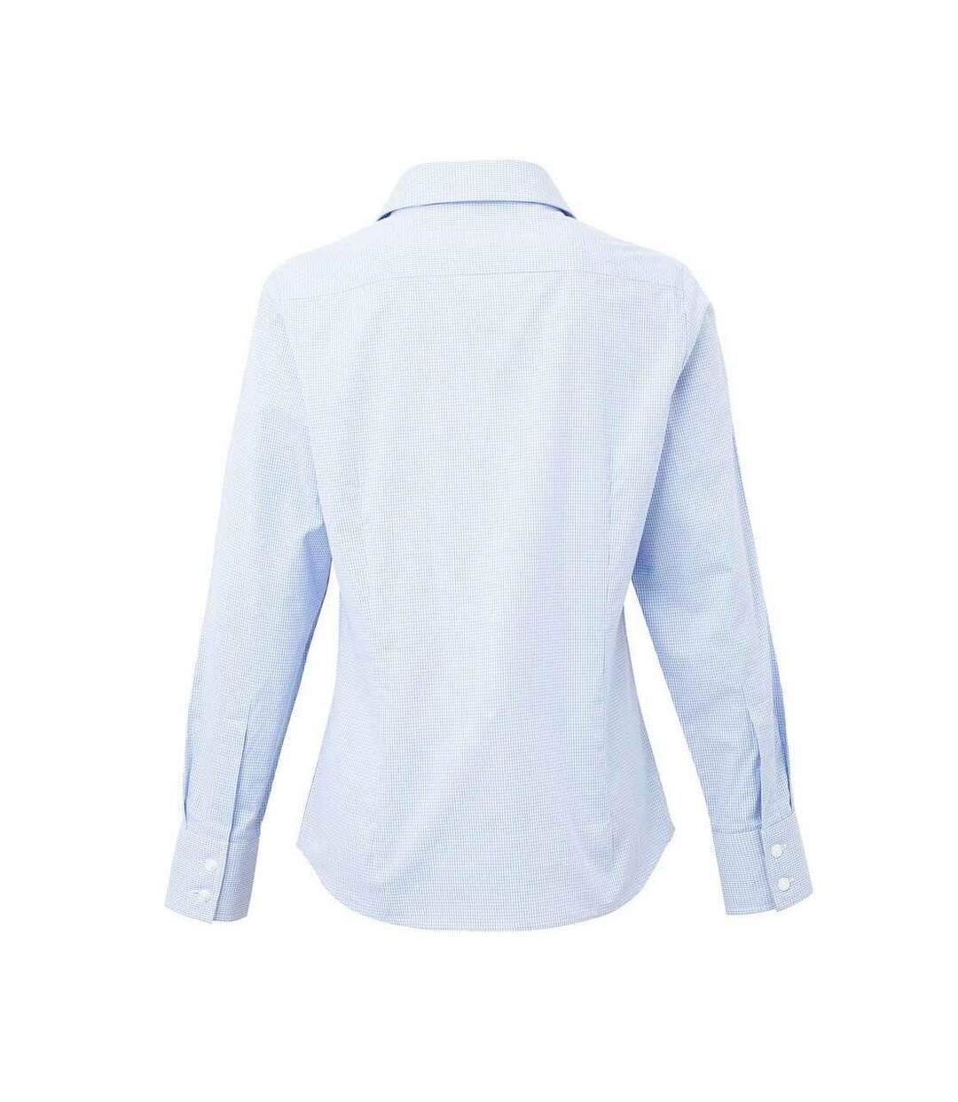 Womens/ladies Micro Gingham Check Cotton Long-sleeved Shirt Light Blue Premier-2