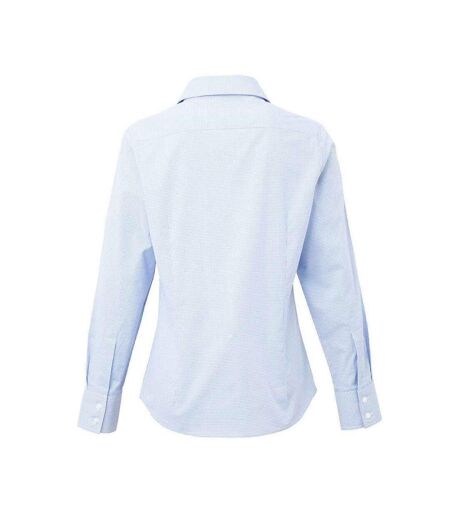 Womens/ladies Micro Gingham Check Cotton Long-sleeved Shirt Light Blue Premier