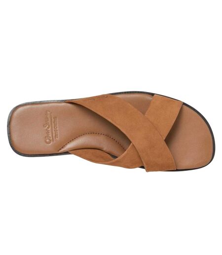Mens Chesil Leather Cross Strap Flat Flip Flops Tan Oliver Sweeney