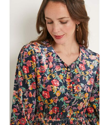 Robe courte velours ras fleuri col V évasée