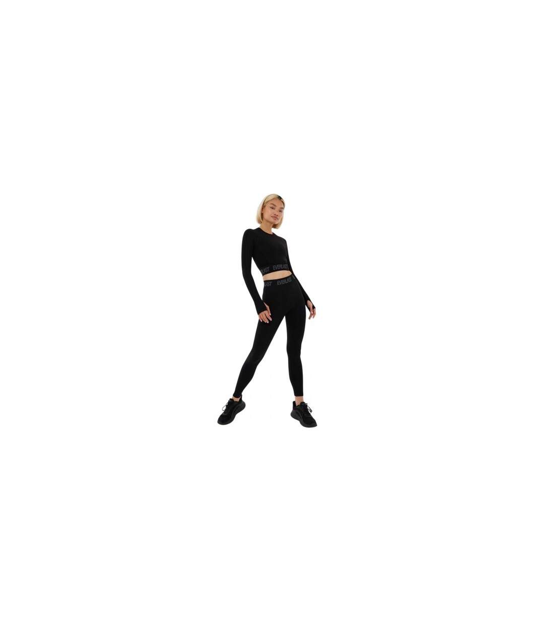 Womens/ladies Seamless Long-sleeved Crop Top Jet Black Everlast-1